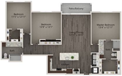 A 3D floor plan of an apartment with a living room, dining room, kitchen, and three bedrooms.