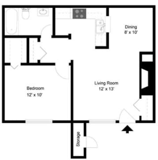 A2 - 1 bedroom 1 bath Floor Plan at University Gardens, Odessa, TX, 79761