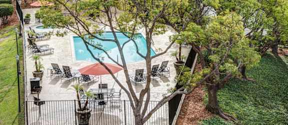 a backyard with a swimming pool and trees