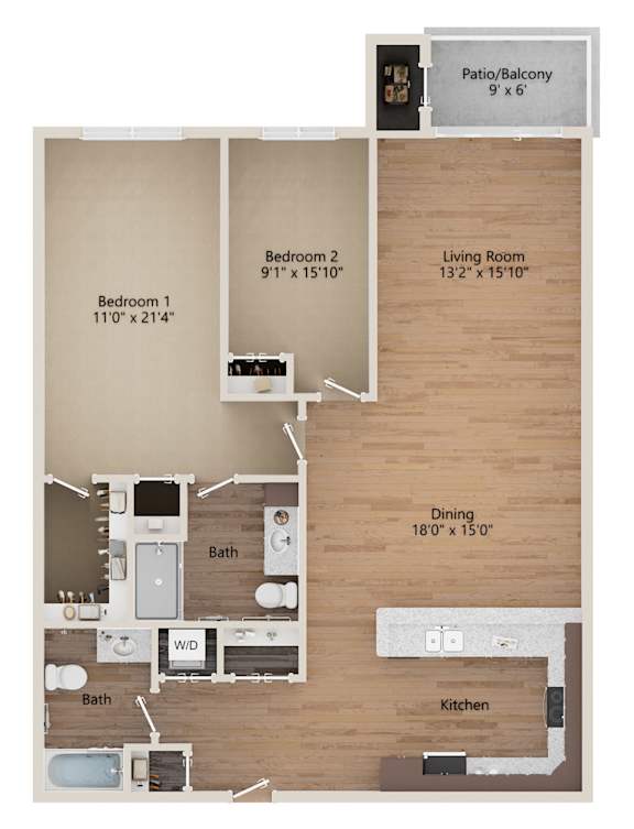 A floor plan of a small apartment with a living room, two bedrooms, a kitchen, and a bathroom.