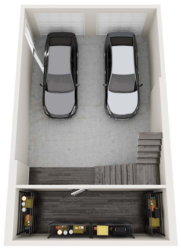 Two cars are parked in a garage.