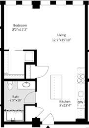 A floor plan of an apartment with a living room, kitchen, bathroom and bedroom.