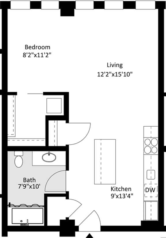 Floor Plan  A floor plan of an apartment with a living room, kitchen, bathroom and bedroom.
