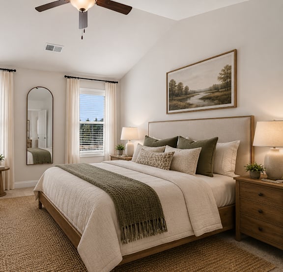 A bedroom with a large bed, a couch, a ceiling fan, and a painting on the wall.
