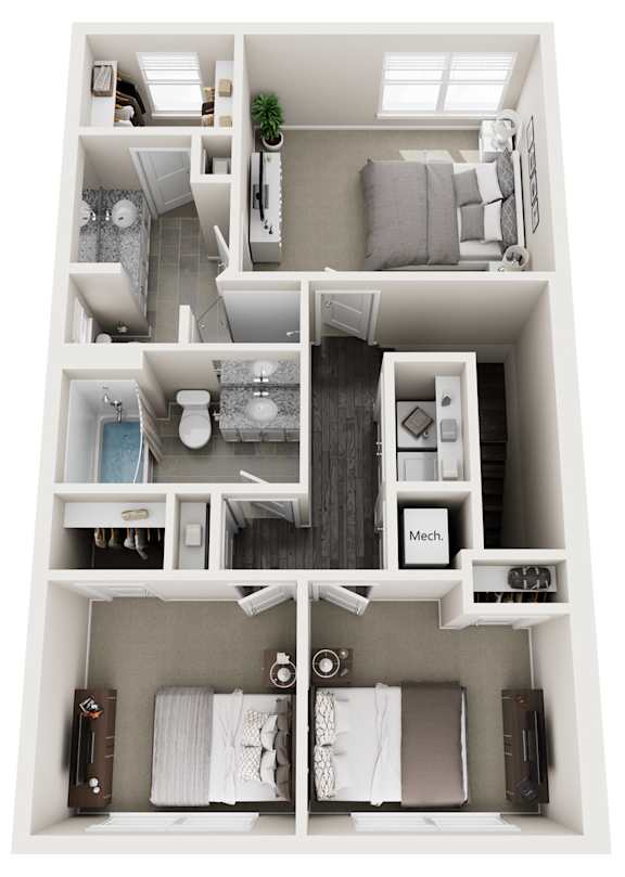 A top-down view of a small apartment with a kitchen, living room, and bedroom.