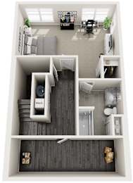 A top down view of a small apartment with a kitchen, living room, and bedroom.