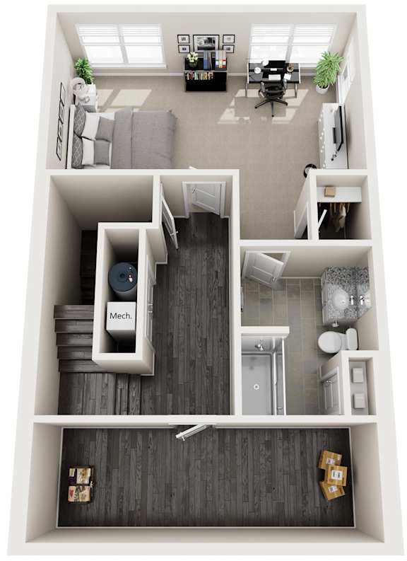 A top down view of a small apartment with a kitchen, living room, and bedroom.