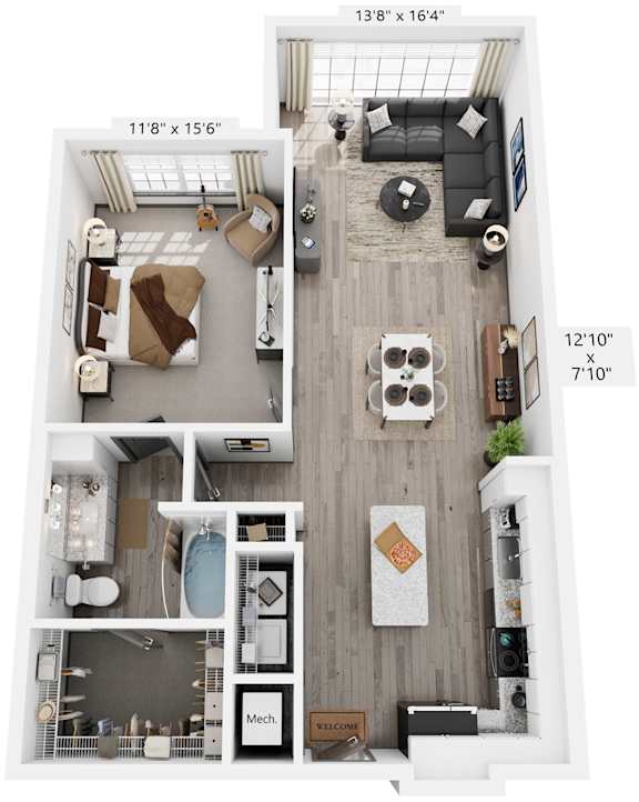 1 Bed 1 Bath Floor Plan | 931 Sq. Ft. at The Louis Apartment Flats, KY, 40241
