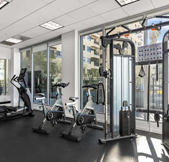 A gym with a variety of equipment including treadmills, stationary bikes, and weight machines. at The View, California, 90005