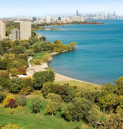 an aerial view of governors island with the city of toronto in the background