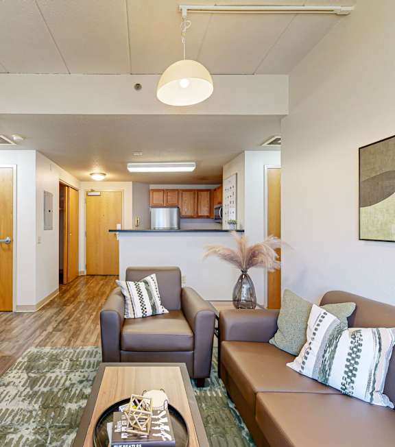 a living room and kitchen with a couch and a table, Student Housing in Minneapolis