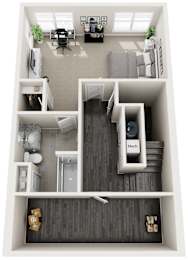 A top down view of a small apartment with a kitchen, living room, and bedroom.