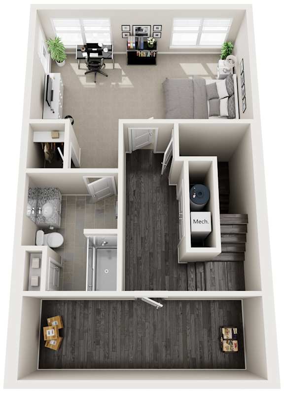 A top down view of a small apartment with a kitchen, living room, and bedroom.