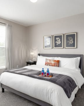 a bedroom with a bed and two bottles on top of it