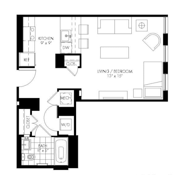 A black and white floor plan for Unit C, a 529 square foot studio.