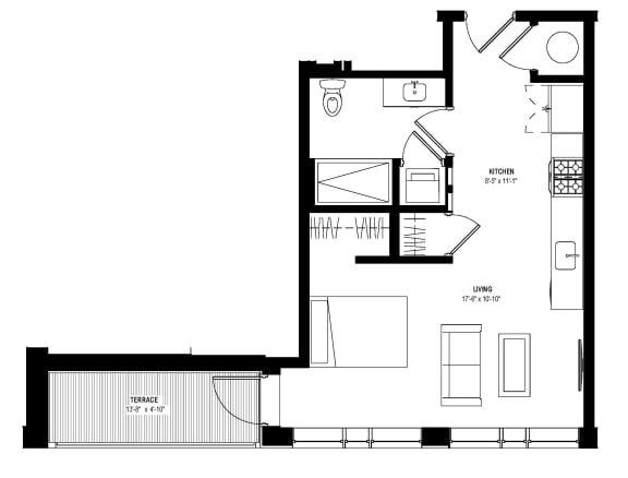 Studio 1 bath floor plan C at Glassworks, Philadelphia, 19122