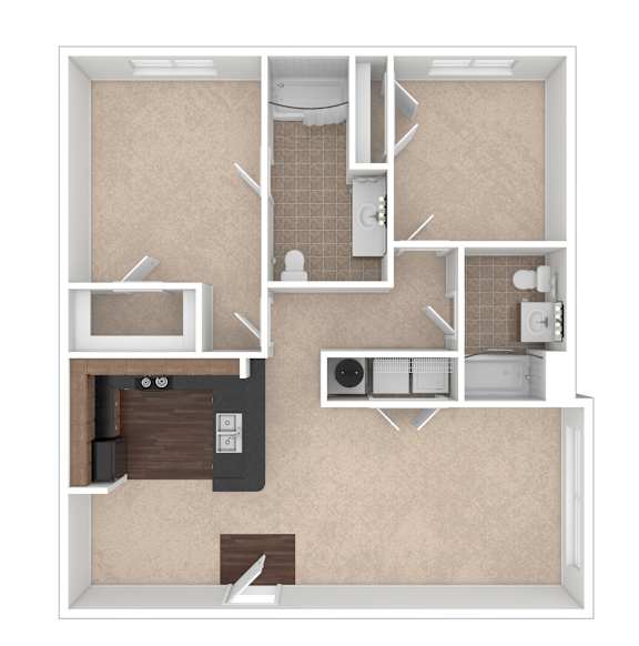 A floor plan of a small apartment with a kitchen, bathroom, and living room.