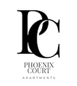 A black and white image of a logo for Phoenix Court Apartments.