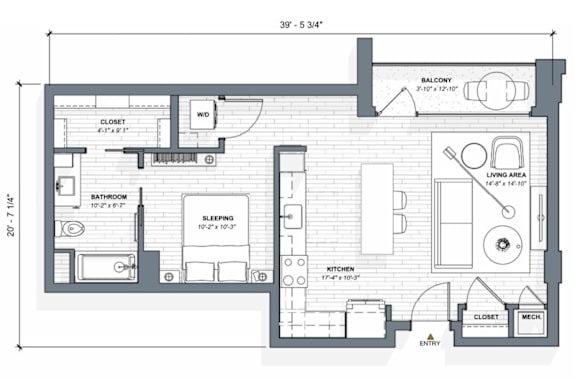 52 TEN E3 Floorplan, Studio 1 bath