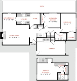 A floor plan of a house with a master bedroom suite and a living room.