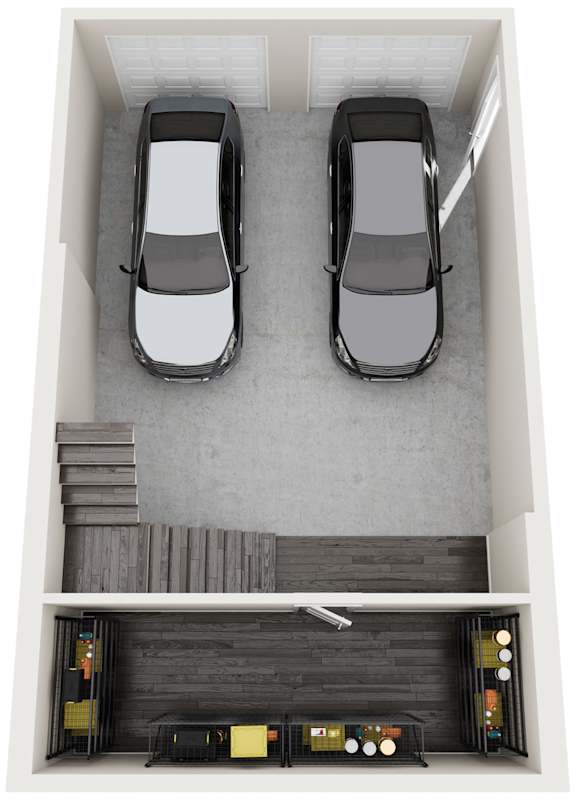 Two cars are parked in a garage.