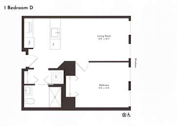 A floor plan of a one bedroom apartment with a living room and two bedrooms.