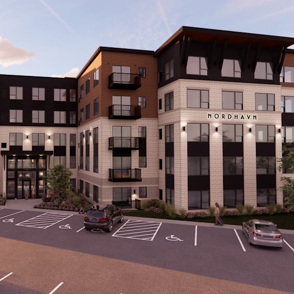 A rendering of a modern apartment complex named Nordhavn.