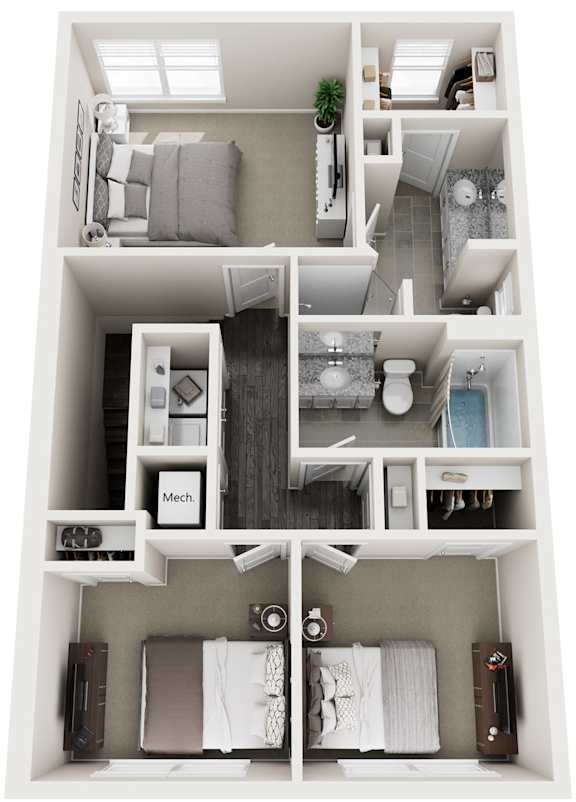 A top-down view of a small apartment with a kitchen, living room, and bedroom.