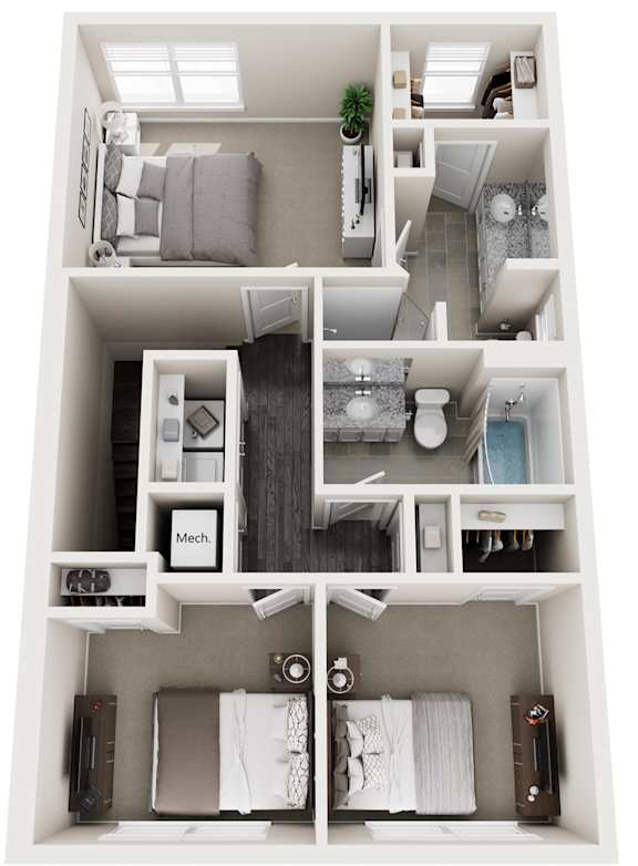 A top-down view of a small apartment with a kitchen, living room, and bedroom.