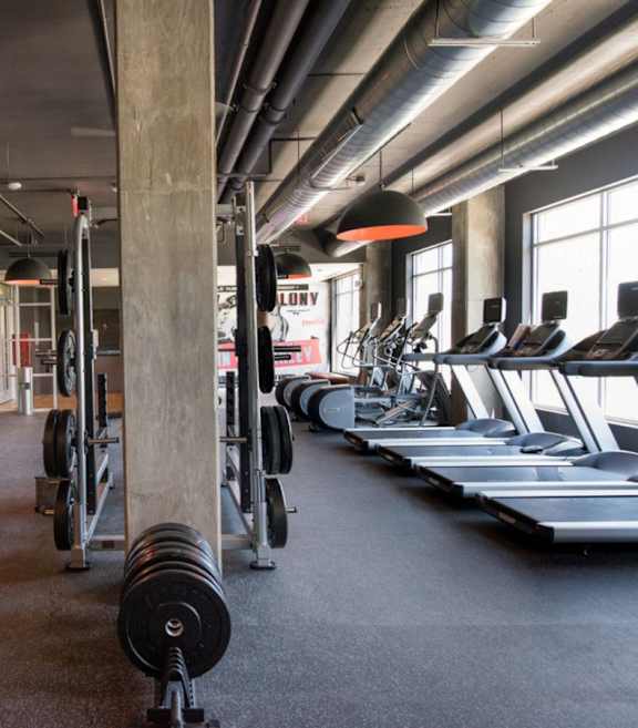A gym with a variety of equipment including treadmills, weights, and exercise machines.