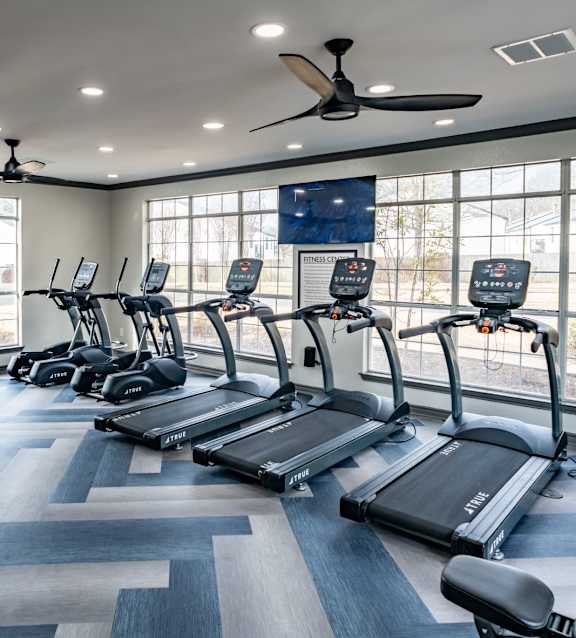 A gym with a row of dumbbells and weight plates. at Lincoln at Wolfchase Apartments, Tennessee