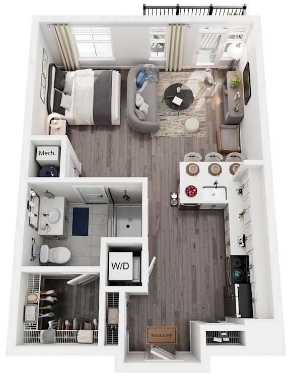 Studio 1 Bath Floor Plan | 670 Sq. Ft. at The Flats at Southlawn Apartments, Lawrenceville, Georgia