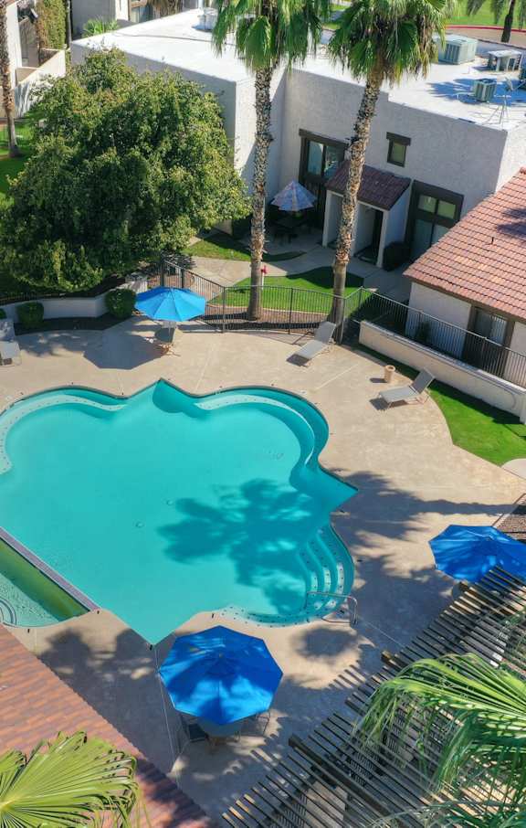 Pool aerial view at Townhomes on the Park Apartments in Phoenix AZ Nov 2020