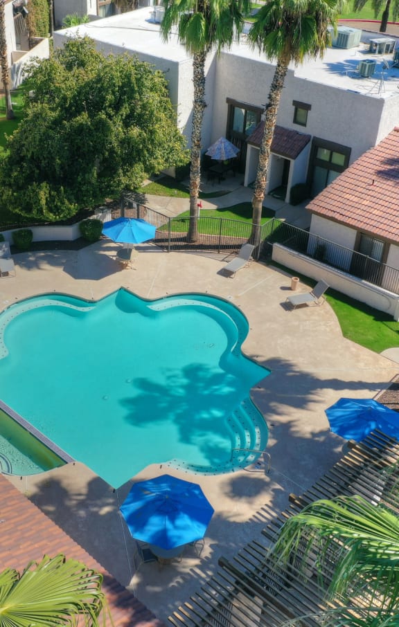 Pool aerial view at Townhomes on the Park Apartments in Phoenix AZ Nov 2020