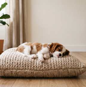 A dog is sleeping on a knitted pillow in a room.