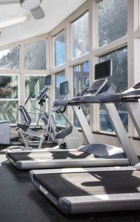 a gym with weights and cardio equipment and windows  at Skyline Heights LLC, Daly City, 94015