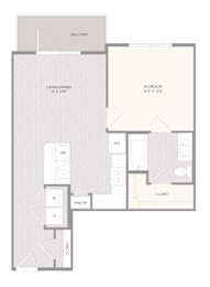 A drawing of a floor plan for a room with a living room, dining room, kitchen, and bathroom.