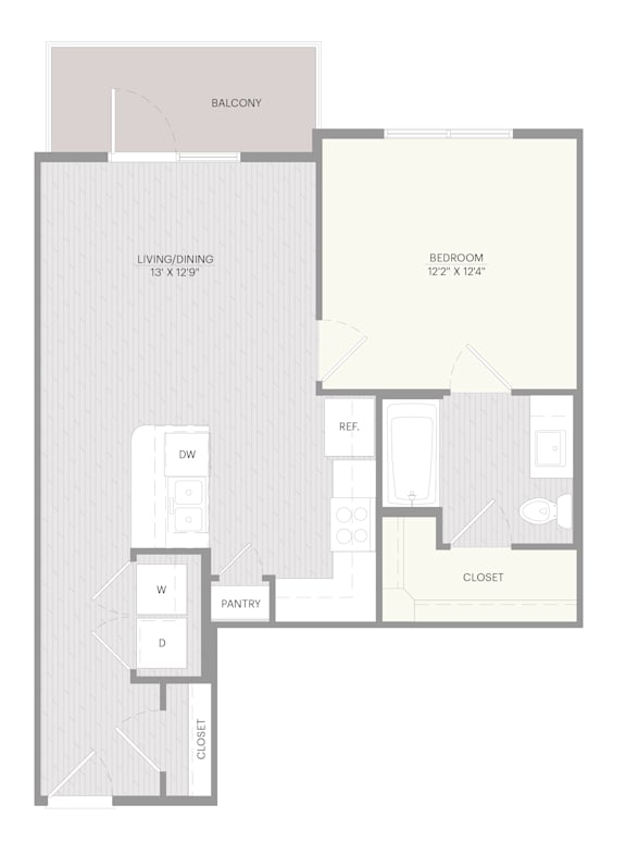 A drawing of a floor plan for a room with a living room, dining room, kitchen, and bathroom.