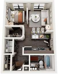 A top-down view of a small apartment with a kitchen, living room, and bedroom.