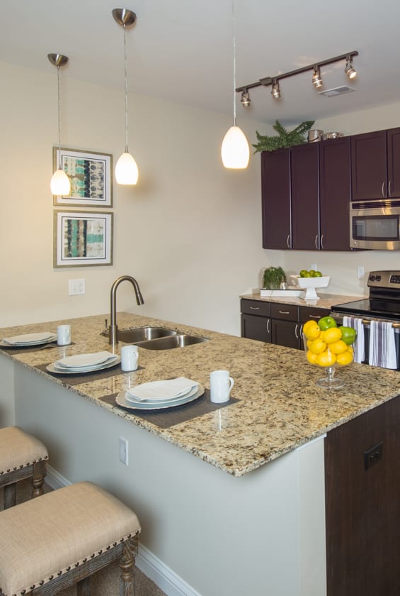 a kitchen with stainless steel appliances and a granite counter top  at The Grandstone, Mason, OH, 45040