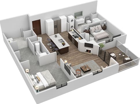 Floor Plan  2-bed/2-bath 3D model at Copper Creek Apartments, Kent