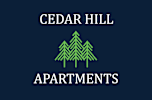 A logo for Cedar Hill Apartments featuring green trees.