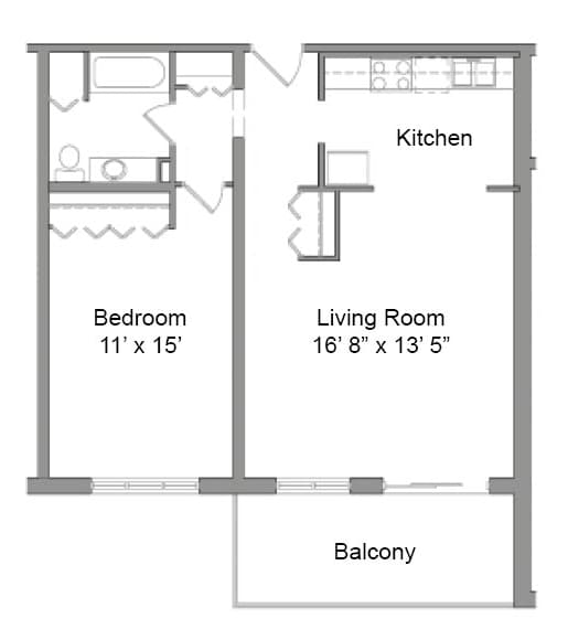 A floor plan of a one bedroom apartment with a balcony.