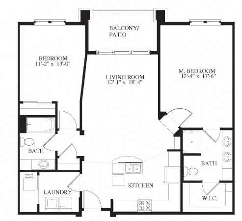 A floor plan of a 1,170 square foot apartment with two bedrooms and two baths.
