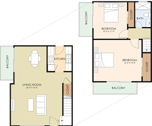 A floor plan of a 2 bedroom, 1 bathroom apartment.
