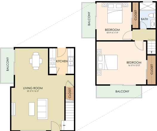 A floor plan of a 2 bedroom, 1 bathroom apartment.