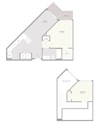 A floor plan of a house with a living room, dining room, kitchen, and two bathrooms.