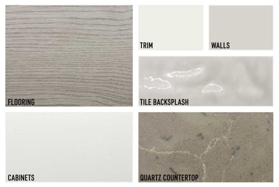 Light Palette collage with medium brown flooring, white cabinets, and medium beige counters