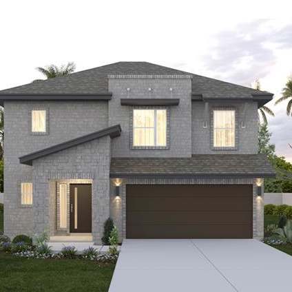 A modern house with a garage is surrounded by a well-manicured lawn and palm trees.