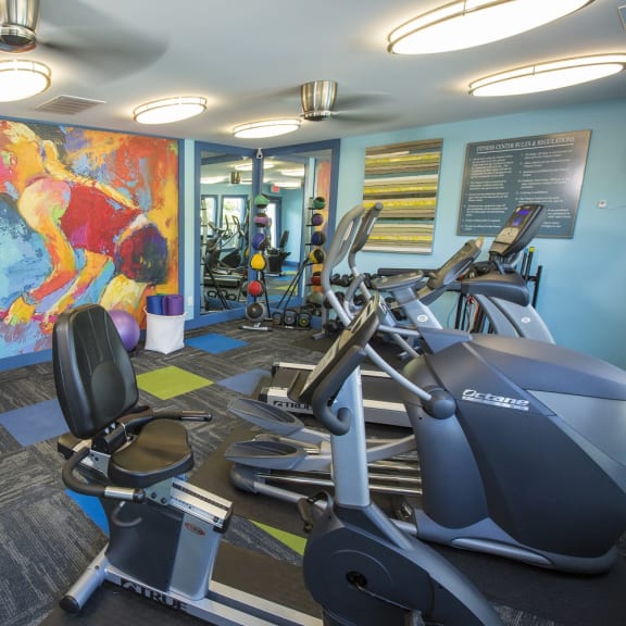 a gym with exercise machines and a painting of a horse
